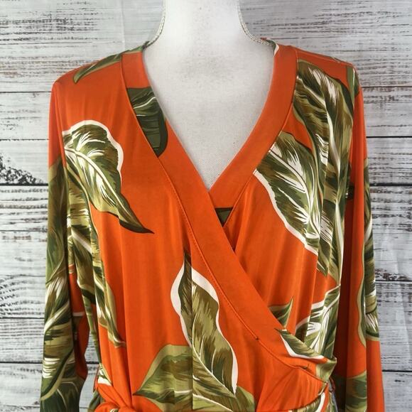 Mlle Gabrielle Dress Plus sz 3X Orange Tropical Slinky Midi Modest Wedding Beach - Picture 8 of 16